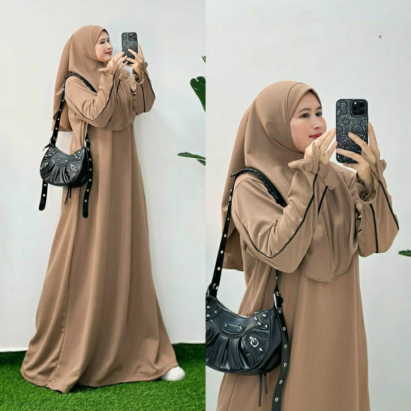 Nanda Hijab Set, setelan gamis & jilbab fit to XXL ld 110-120 kanxung busui saku kanan kiri termurah