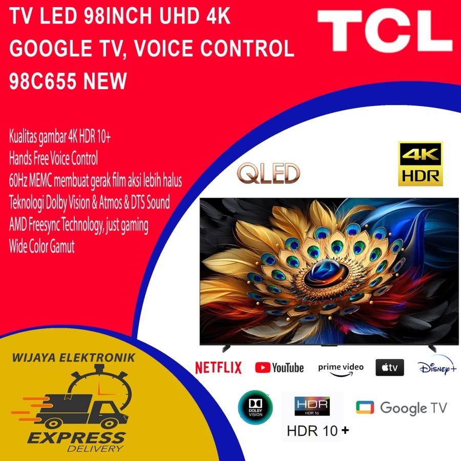 TV QLED TCL 98inch Google TV 4K 98C655 New 2024 / TV qled tcl garansi resmi