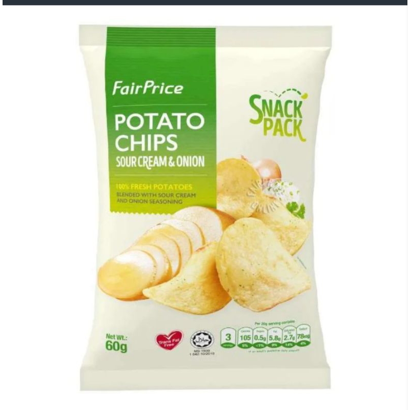 

fairprice potato chips 60gr (sour cream, bbq, chili, cheese, truffle,blackpepper)