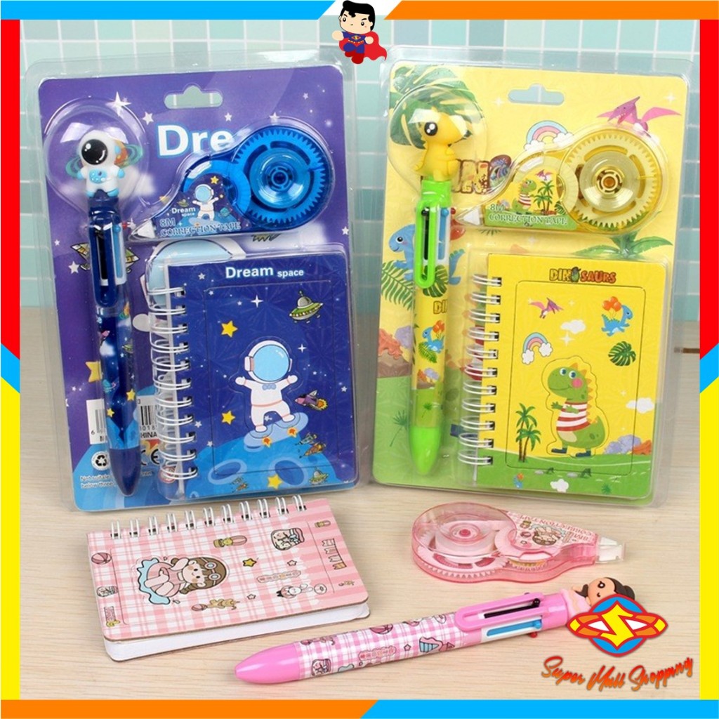 

SMS Alat Tulis Set 3IN1 Stationery Set Lucu Karakter Kartun + Correction Tape Perlengkapan Sekolah Alat Tulis 3 IN 1 Stationery Gift Set Children Day Gifts Cartoon Six-Color Ballpoint Pen with Correction Tape