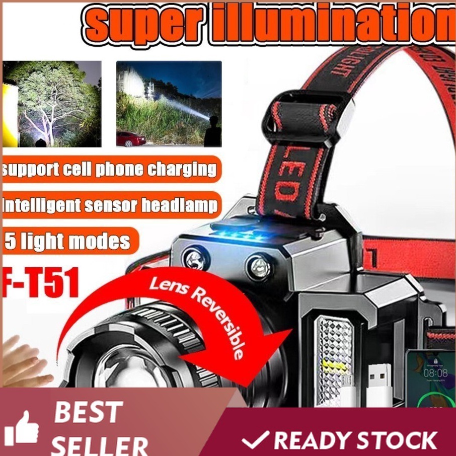Promo Bulan Ini  OSA42FT51 Lampu Kepala LEDHeadlamp FT51Super Terang 5 LumenUSB Charging SenterDenga