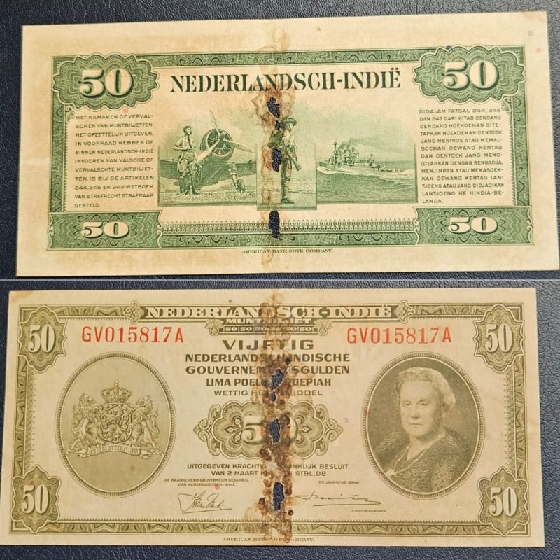 Uang Kuno Indonesia 50 Gulden Nica 1943 Kondisi Kertas kriuk renyah hole tengah Dijamin Original 100