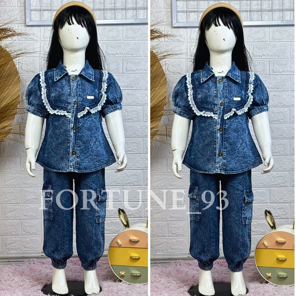 Stelan import  anak perempuan  korean style kombinasi brokat premium usia 3 - 10 tahun celana  jins 