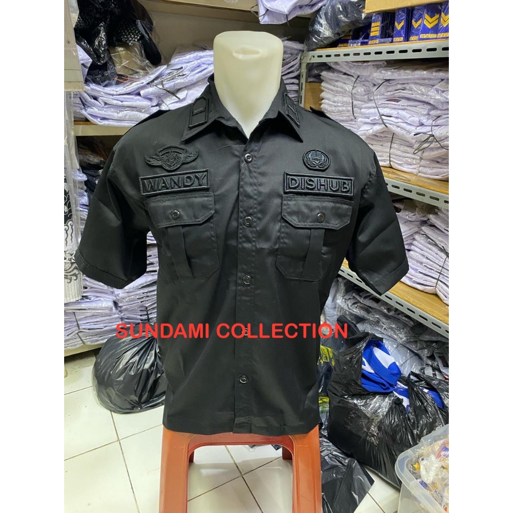 SERAGAM DISHUB BORDIR TIMBUL FULL HITAM/BISA REQUEST WARNA BAJU DAN BORDIRAN/BAHAN AMERICAN DRILL