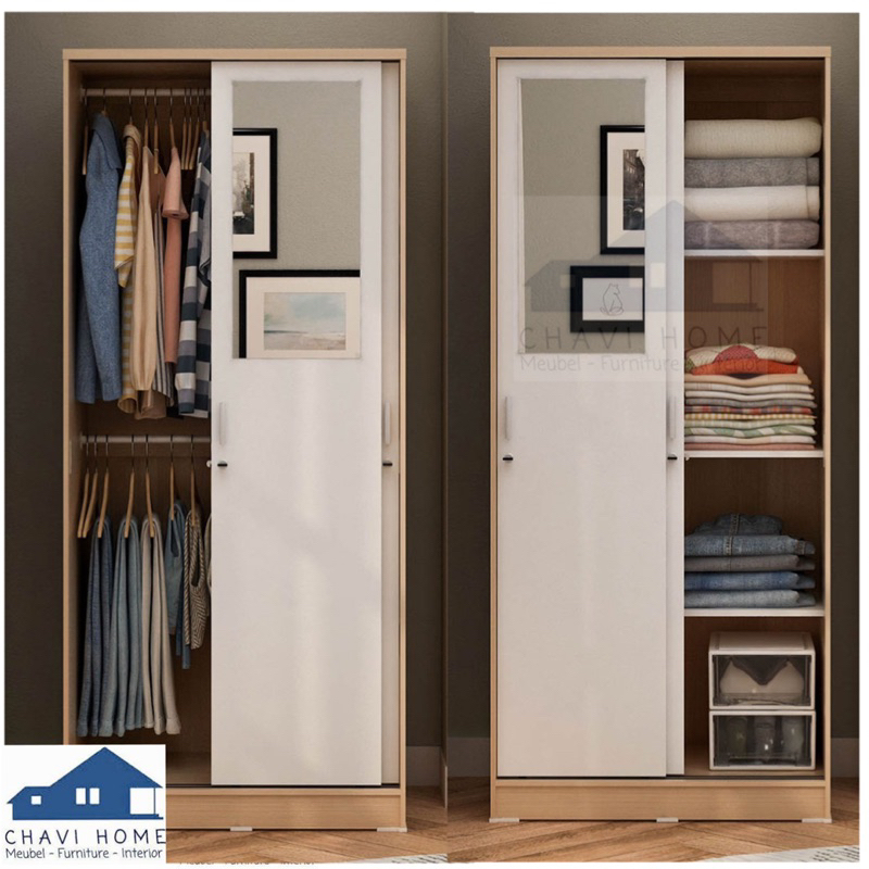 Lemari pakaian lemari baju 2 pintu geser sliding dengan kaca double gantungan/ gantungan gamis