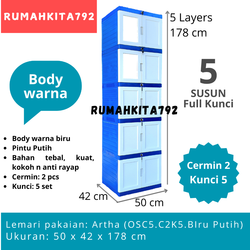 Lemari Pakaian Arthaclub Oscar 2 Kaca + Full Kunci / Lemari Susun Plastik - Body Warna Biru
