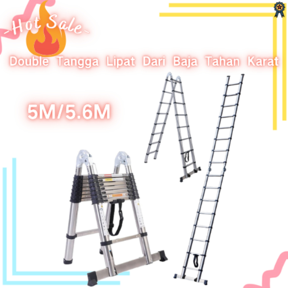 BOWEITI Tangga Teleskopik Lipat Stainless Steel Tangga Rumah Tangga Lipat Multifungsi 5M/5.6M