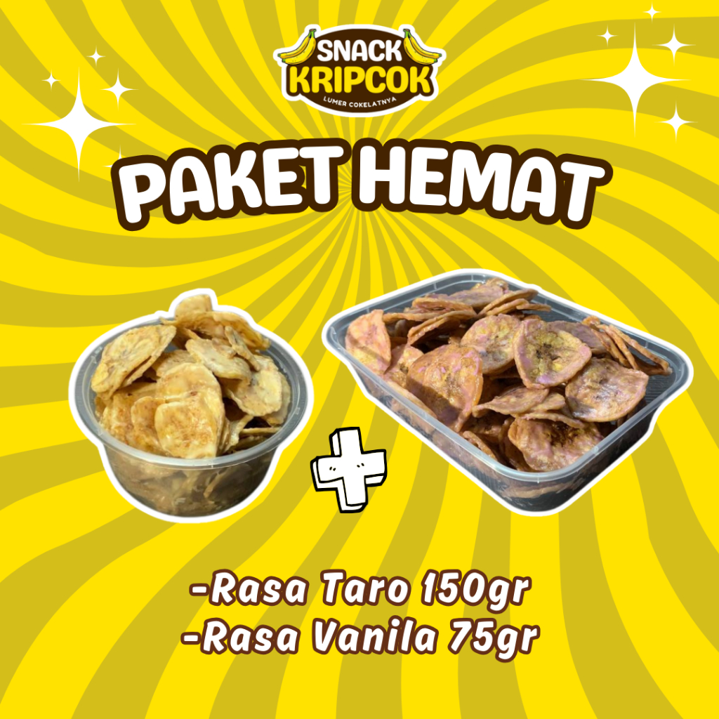 

Paket Hemat Keripik Pisang Rasa Taro 150g dan Rasa Vanila 75gr - Cemilan Viral 2 Varian Rasa