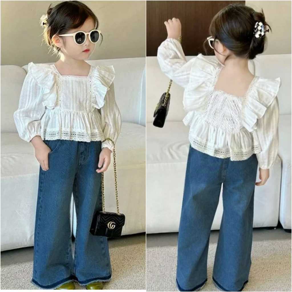 [meandboss] SSP6-Setelan Set Anak Baju Blouse Katun Brukat Premium Celana Jeans Panjang Fashion