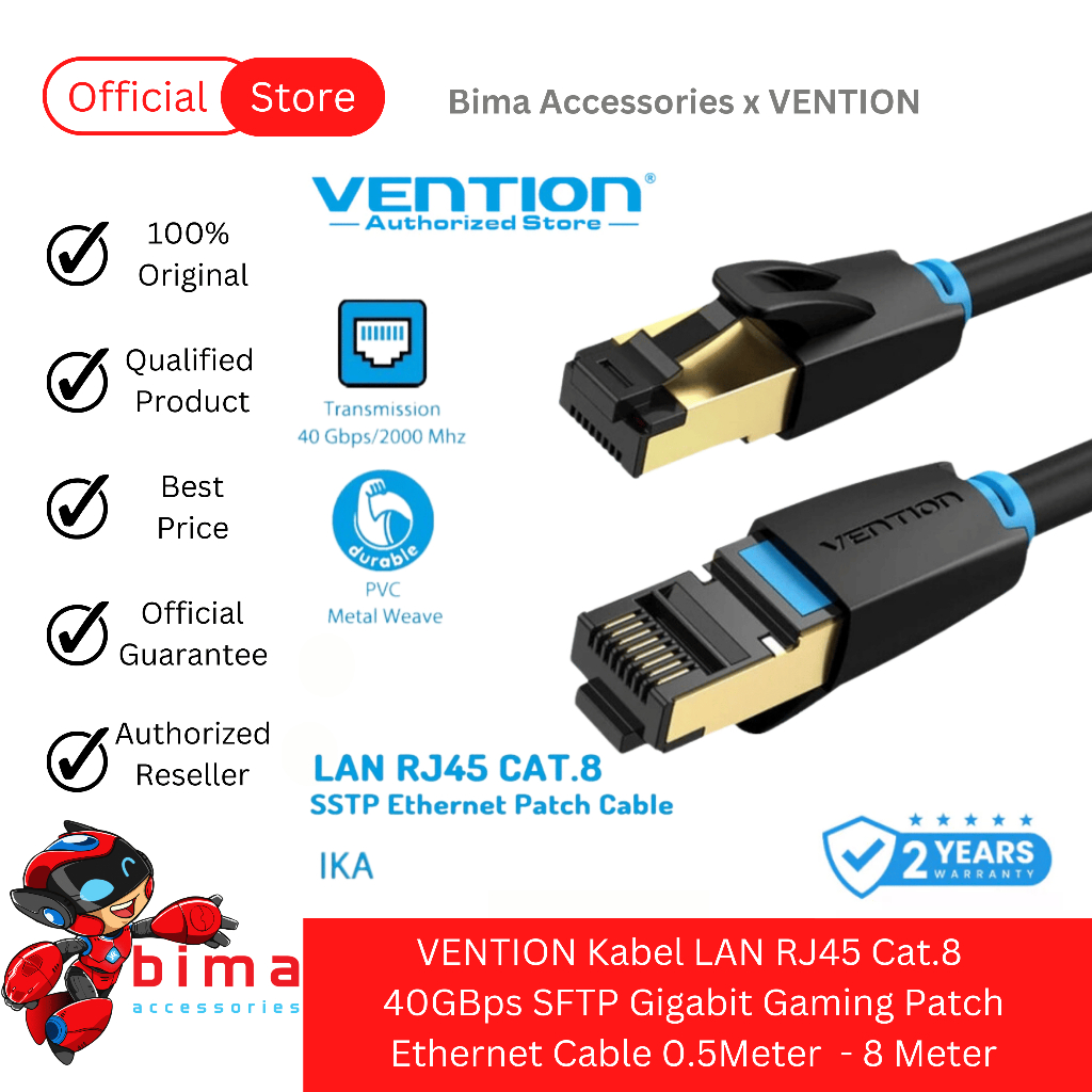 VENTION Kabel LAN Gaming Ethernet Cable Cat.8 Cat 8 40GBps SFTP Gigabit Patch Panjang Hingga 8 Meter