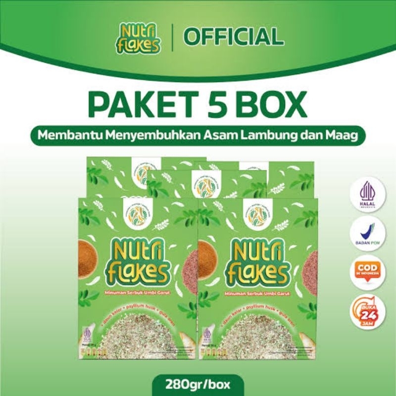 

PAKET 5 BOX NUTRIFLAKES - Sereal Umbi Garut Atasi Maag & Asam Lambung