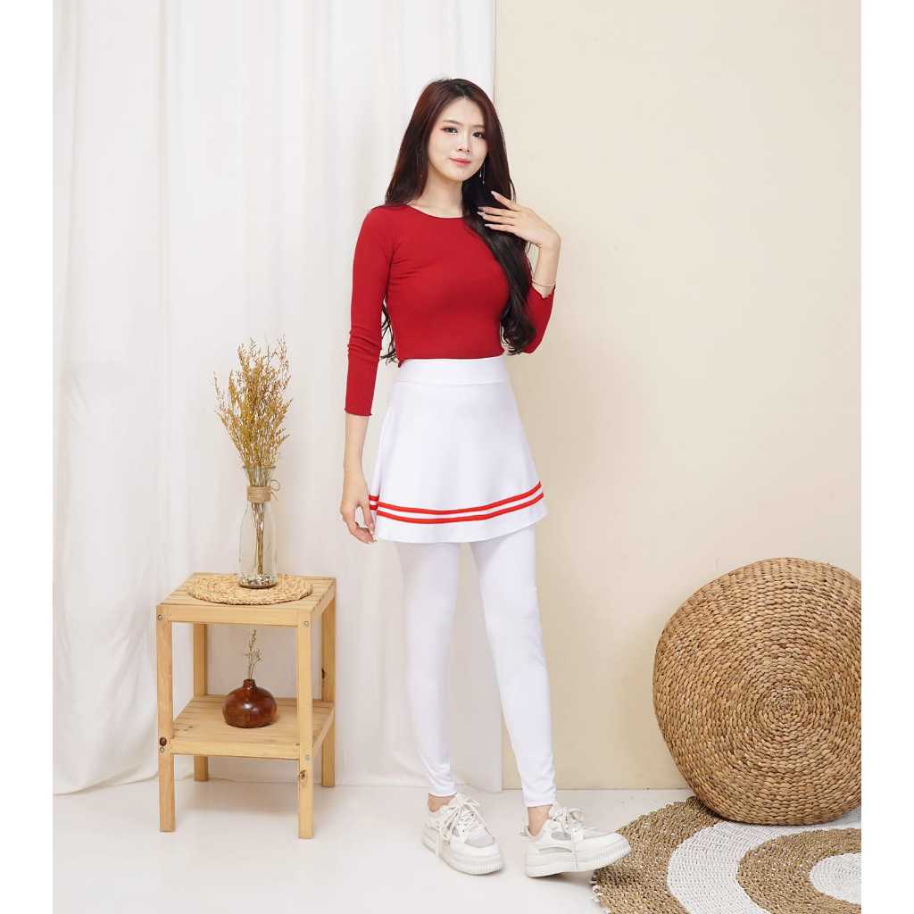 legging sport wanita / legging rok lis / celana senam rok putih lis merah