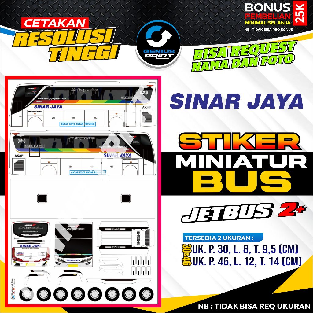 Stiker Miniatur Bus Akap Jetbus 2+ Livery Sinar Jaya | Efisiensi | Gunung Harta | Lorena | Rosalia I