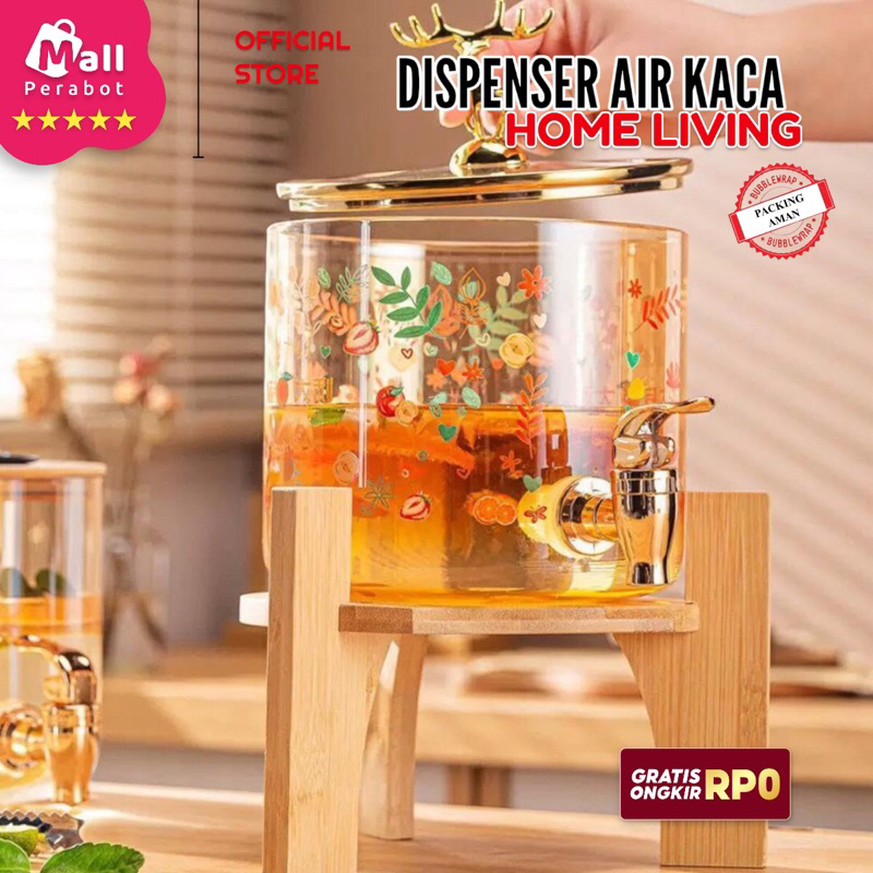 Mall Perabot | Dispenser Air Kaca | Ketel Air Dingin Kaca dengan Tatakan Kayu | Tempat Minuman Es Ju