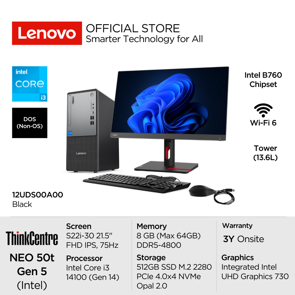 Lenovo PC ThinkCentre Neo 50t Gen 5 0A00 Intel Core i3 14100 DOS 8GB 512GB SSD Tower 13.6L Integrate