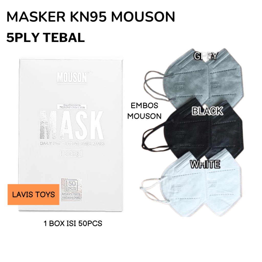 Masker Mouson KN95 5ply 1box isi 50pcs  Masker  KN95 Mouson Hitam Putih