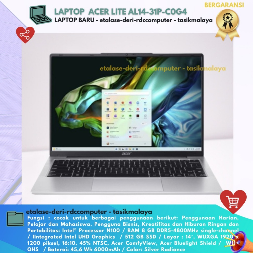 ACER LAPTOP ASPIRE LITE AL14-31P-C0G4 14" WUXGA INTEL N100 RAM 8GB STORAGE 512GB SSD INTEL