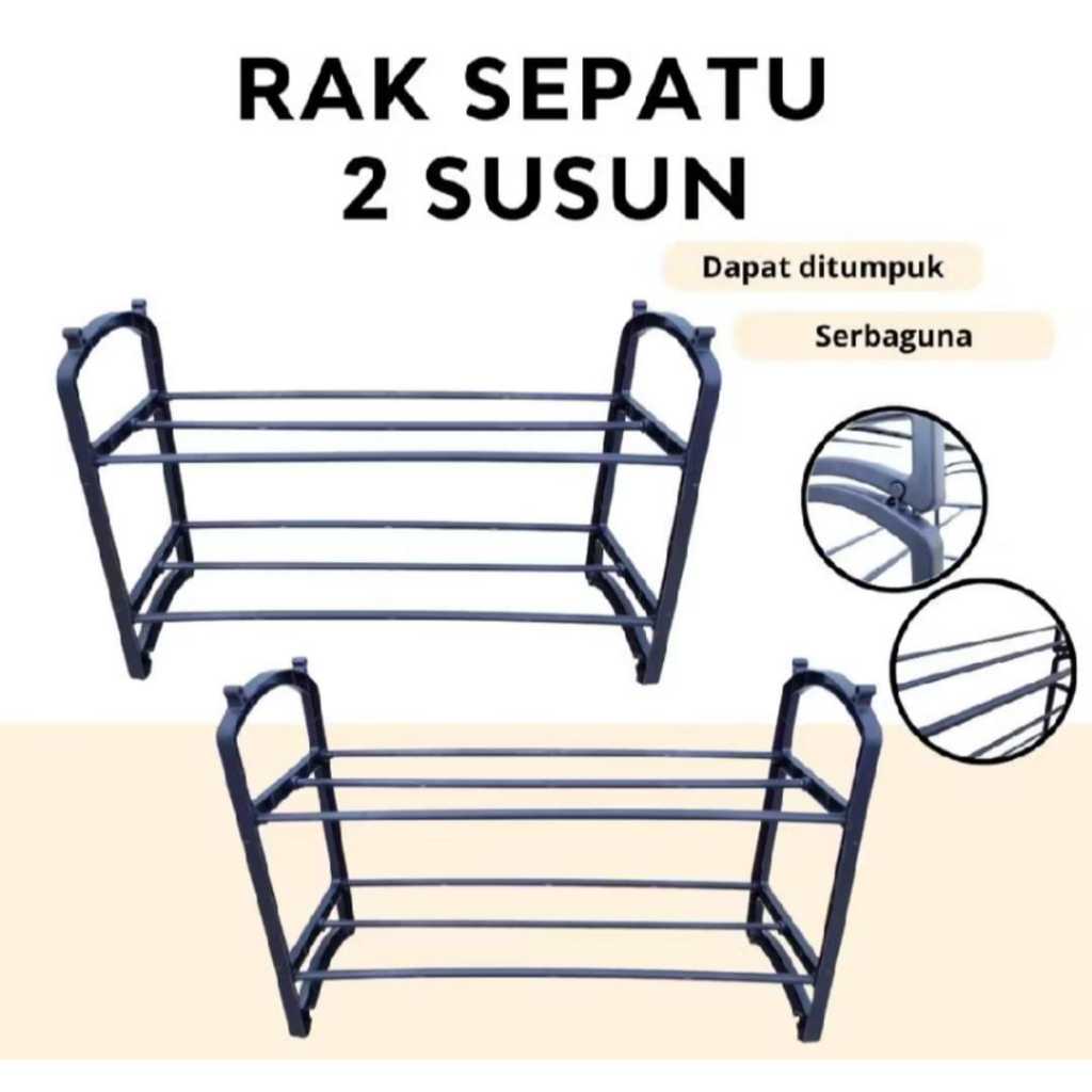 Rak Sepatu Plastik 2 Susun / Rak 2 Susun Pipa Hitam Trilins Serbaguna - Rak Sepatu - Rak Buku - Rak 
