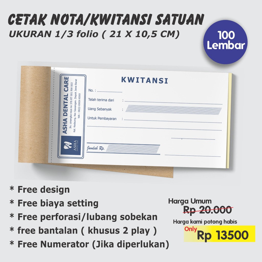 

Kwitansi custom 21 x 10,5 cm (1/3 Folio)