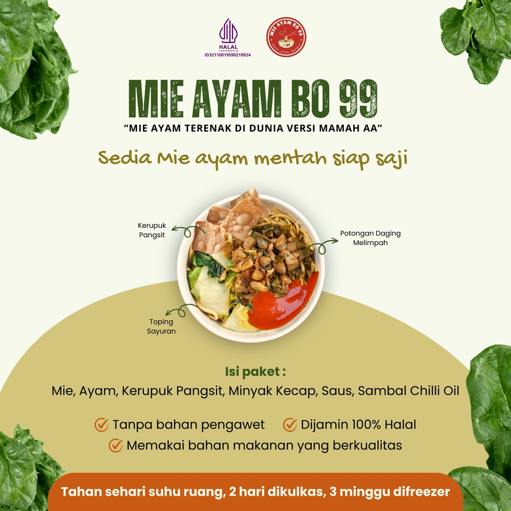 

Mie Ayam BO 99 mentah siap saji Enak Halal Harga Murah Tanpa Pengawet