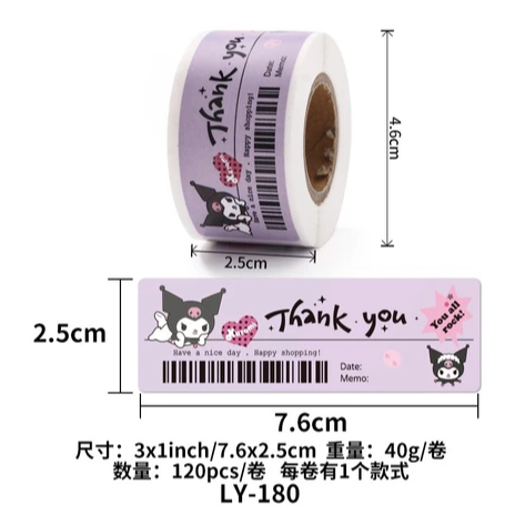 

120PCS TIKER KEMASAN PAKING CINNAMOROLL KUROMI MELODY LABEL THANKYOU