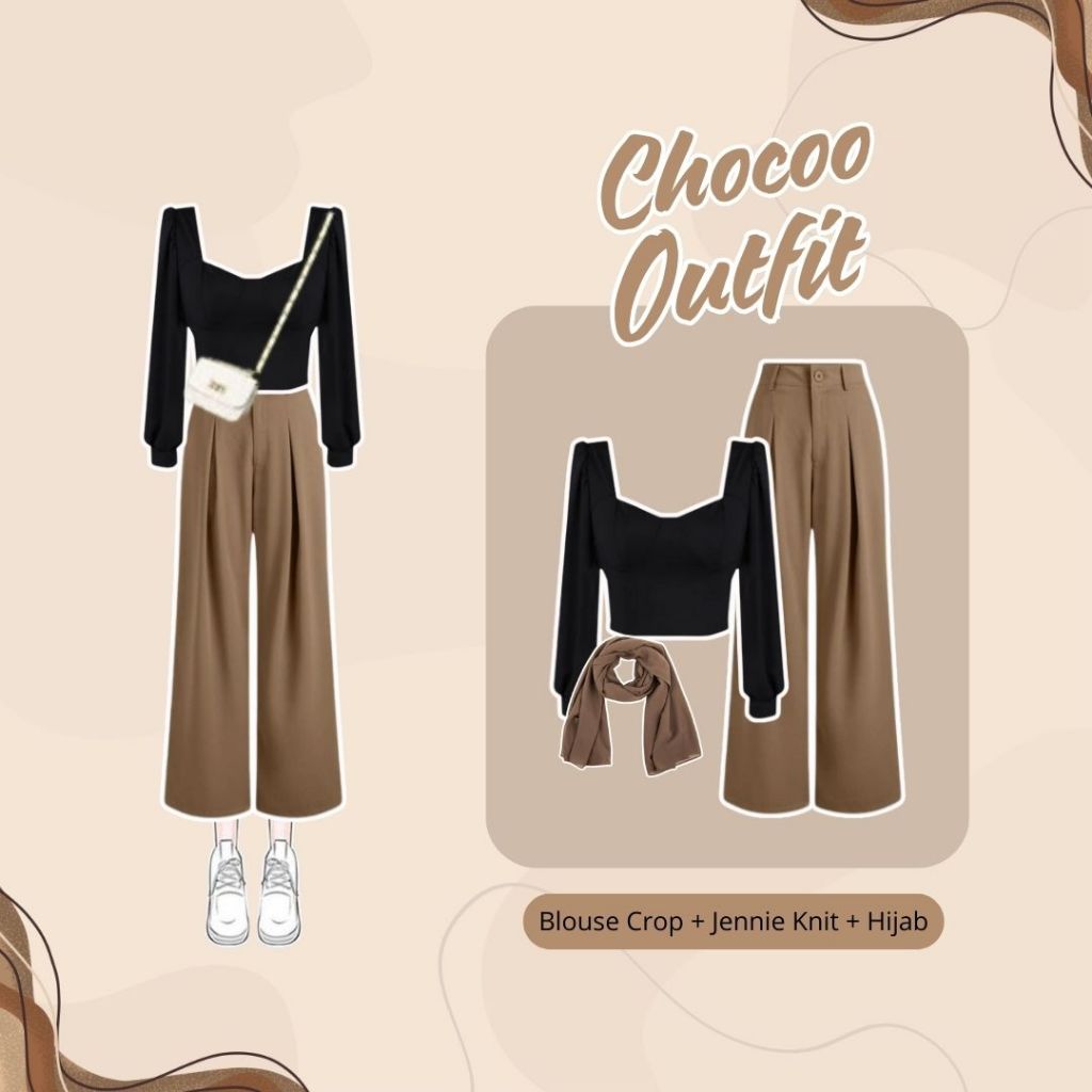 Chocoo Outfit8 | One Set Chocoo ( Blouse Crop + Jennie Knit + Hijab ) | OOTD Korean Hijab Style