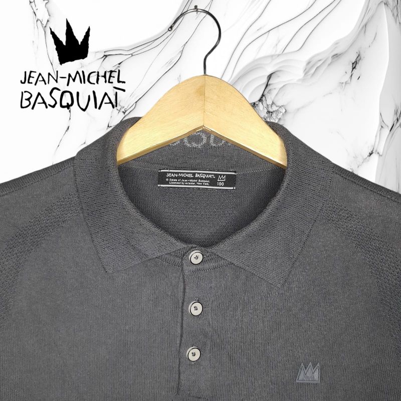 Jean michele busquiat kaoe kerah rajut, kaos rajut pria, kaos kerah pria