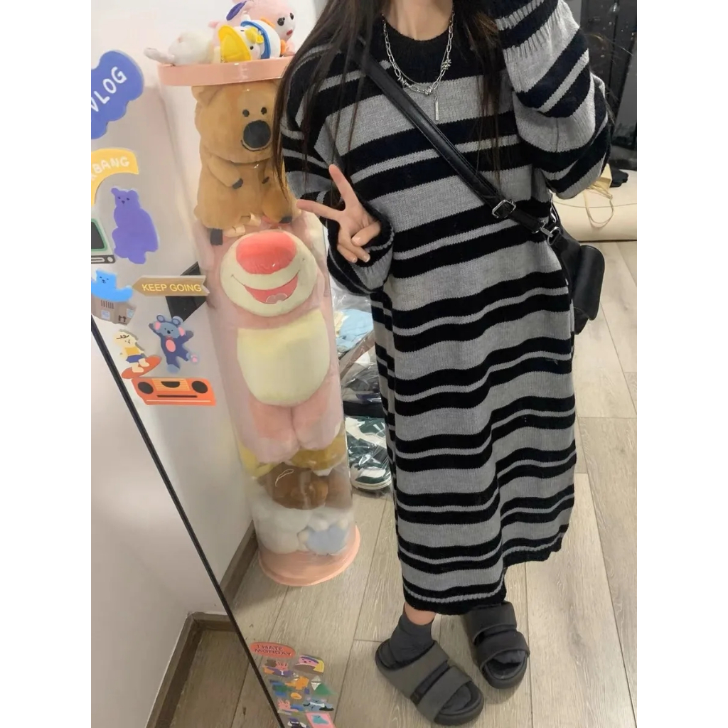 [Enamor] Pakaian Wanita Kaos Knit Striped Dress Longgar Vintage Baju Maxi Melewati Kaki