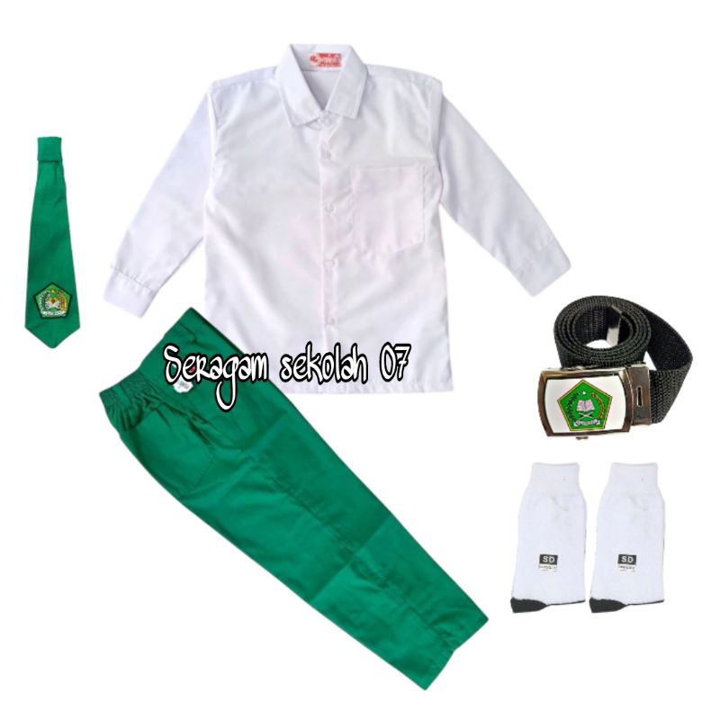 Seragam Sekolah Mi Laki-laki Baju putih Polos Panjang Celana Hijau panjang