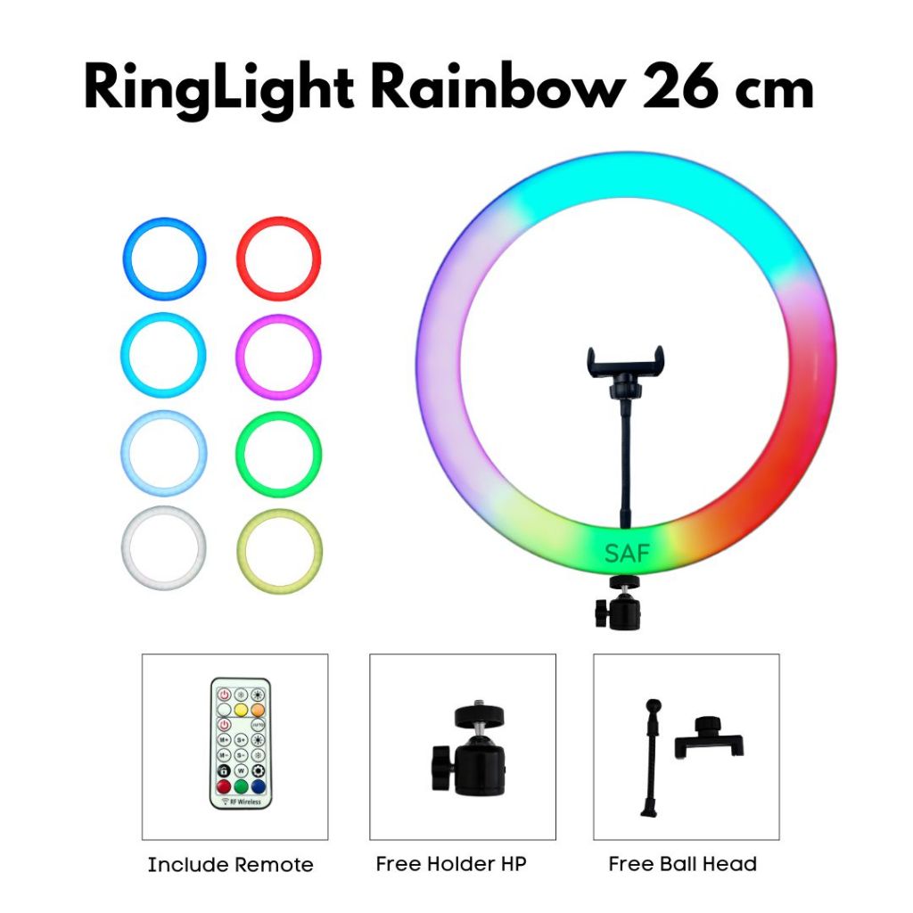 SAF Ringlight RGB Rainbow 26cm / lighting cahaya lampu konten TikTok Youtuber