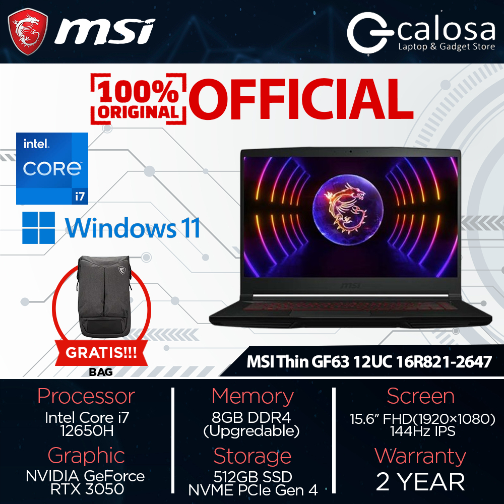 MSI Thin GF63 12UC 2647 Core i7-12650H RAM 8GB SSD 512GB RTX3050 4GB 15.6 inch FHD 144Hz Windows 11 
