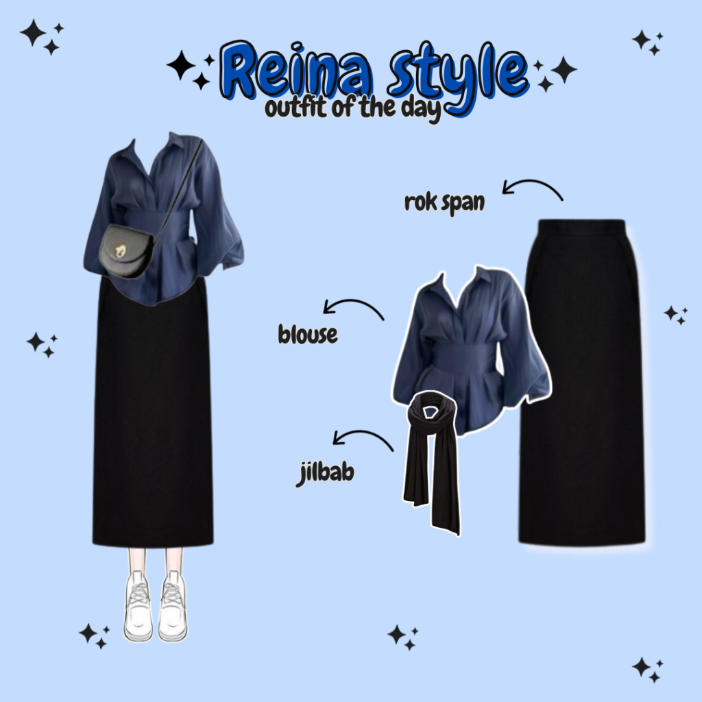 Reina Set Outfit Hijab Wanita 3in1 ( Blouse + Rok Span + Jilbab ) Oneset Hangout Remaja Kekinian