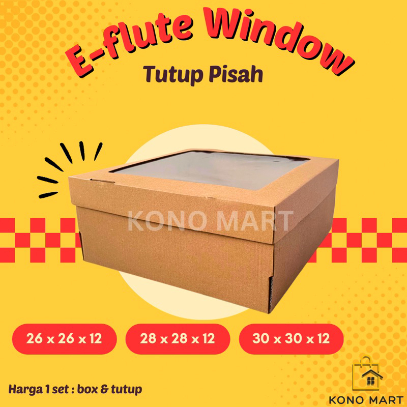 E-Flute Dus Tart Window Tutup Pisah Mika Atas / Kardus Corrugated Kotak Kue Tart Tinggi Hampers Kado