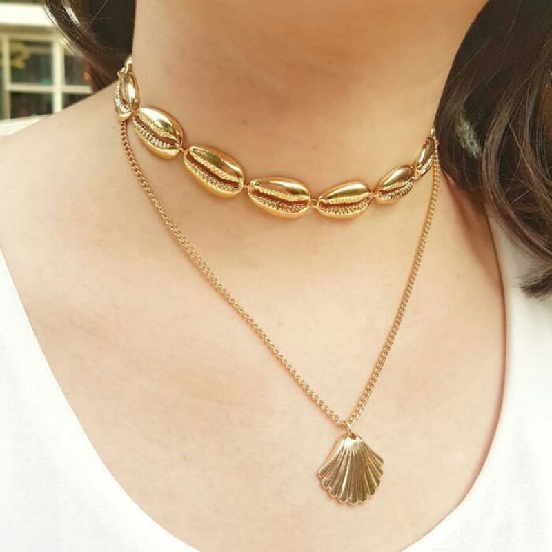 Kalung Wanita Korea Murah Aksesoris Pesta Cantik Elegan Kalung Choker Kerang Pendek.