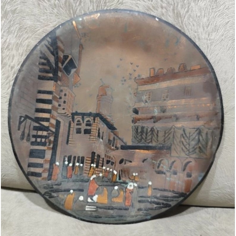 Piring Antik Pemandangan Mesir Kuno Tembaga kuningan tua diameter 29cm