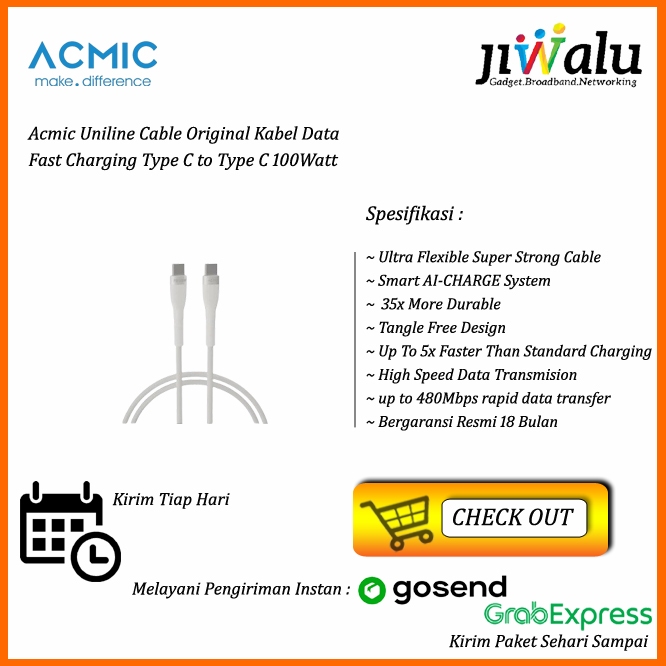 Acmic Uniline Cable Original Kabel Data Fast Charging Type C to Type C 100Watt