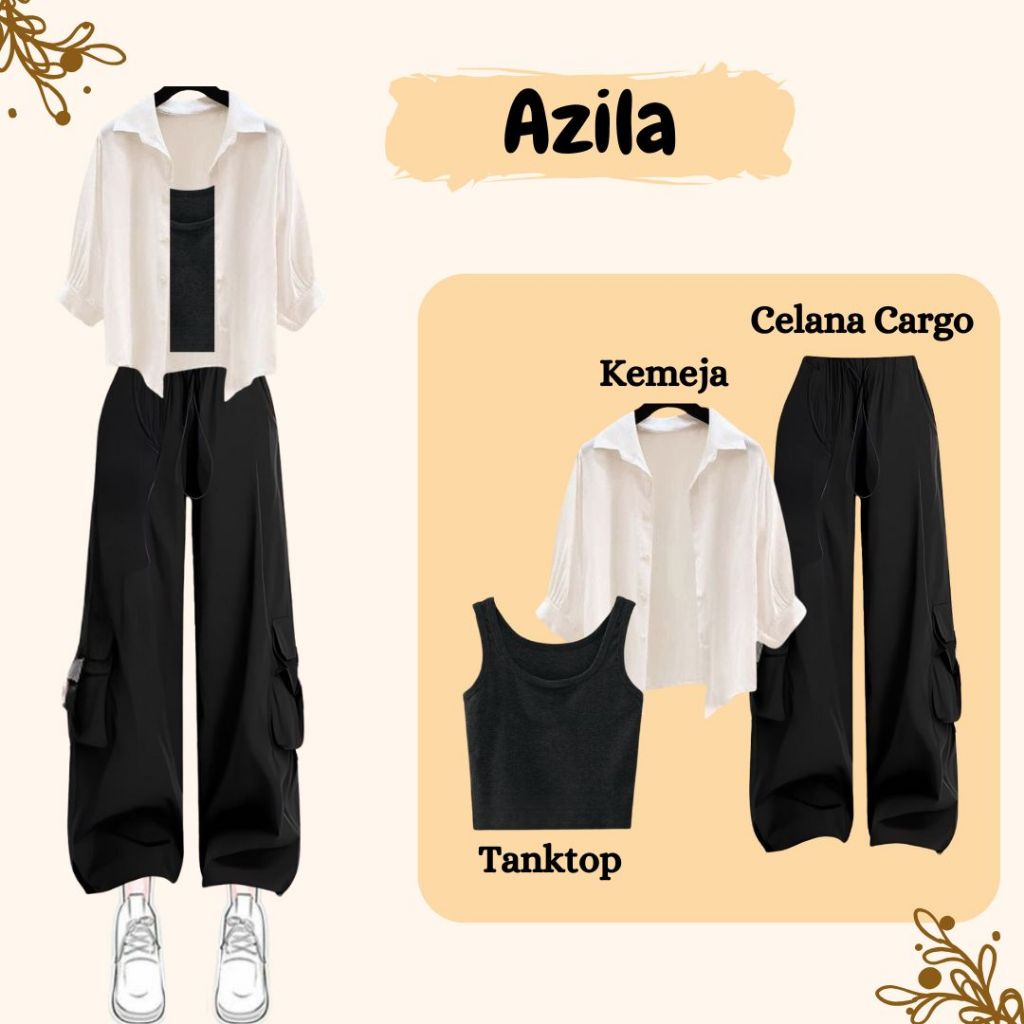 Azila Oneset Wanita Casual ( Kemeja Putih + Tanktop + Celana Cargo + Hijab ) OOTD Korean Style Kekin