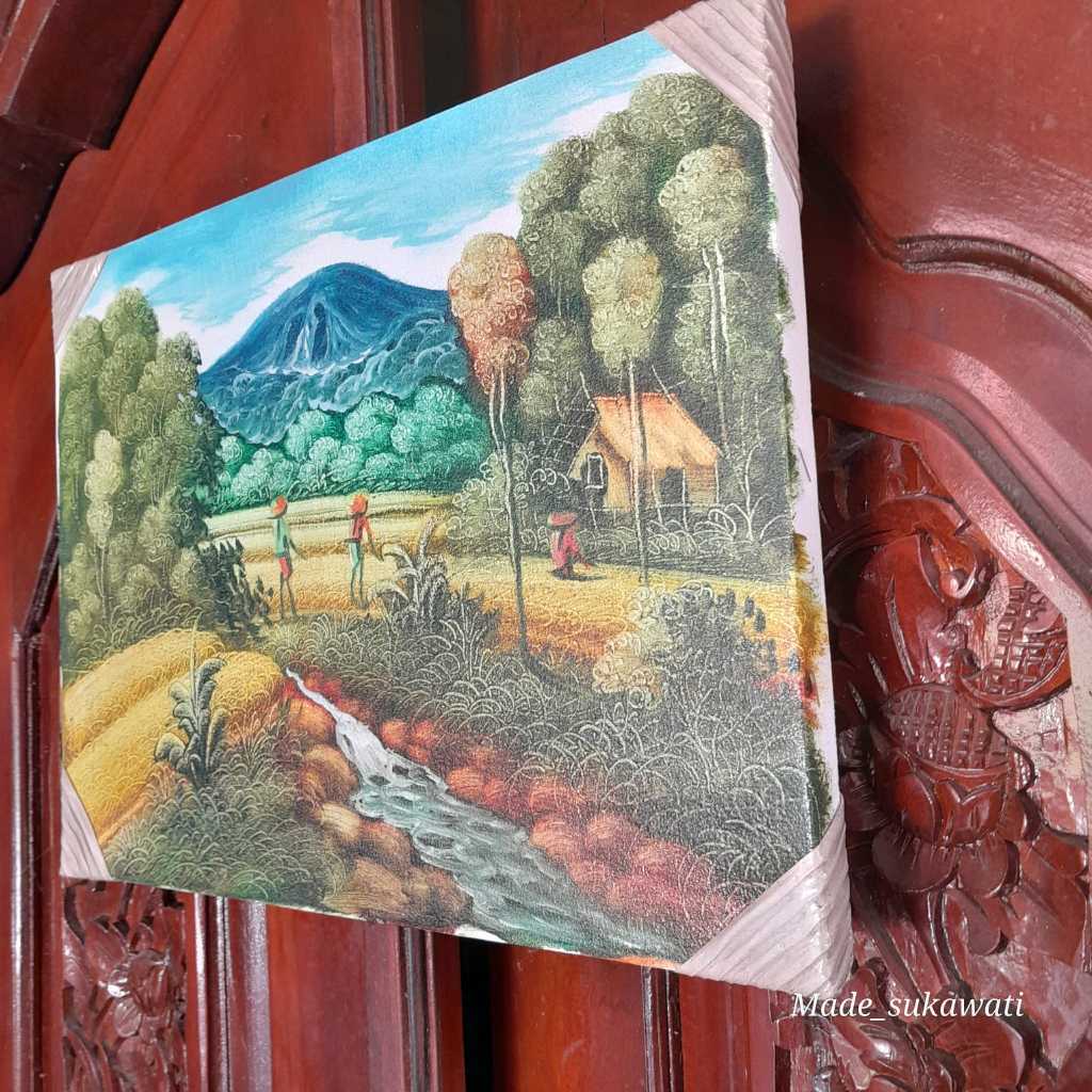 Lukisan Kanvas Pemandangan Bali Sawah Panen Pasar Tradisional 40Cm X 30Cm