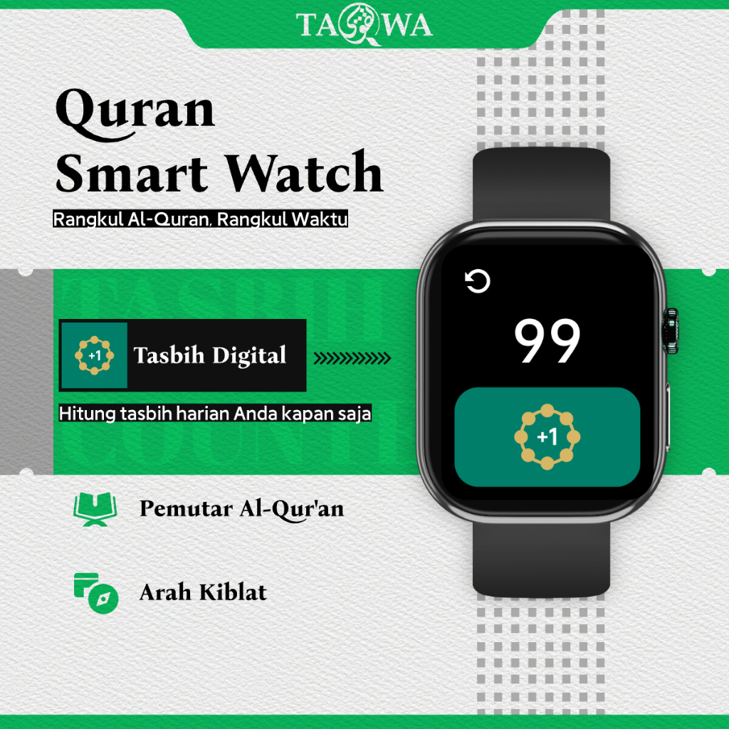 TAQWA Quran Smartwatch Arah Kiblat Step Count Kalender Hijriah Wallpaper Kustom Jam Tangan