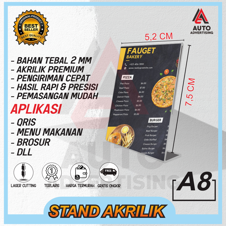 

STAND A8 7.5 CM X 5.2 CM L DAN T AKRILIK DI SISIPI KERTAS BROSUR POSTER KANTOR MIKA ACRYLIC DAFTAR LANSCAPE DUDUKAN PAPAN NOMOR MEJA KONTER PULSA BENING MEDIA PROMOSI TENT CARD MENU NOMER TOKO RESTORAN PORTRAIT MURAH TERLARIS STATIONERY SEKOLAH PROMO CARD