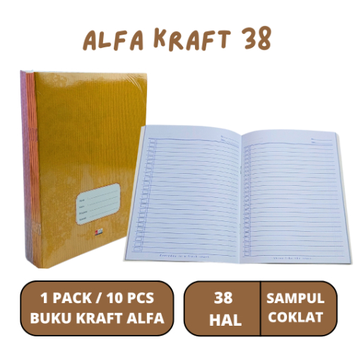 

(Pak/10Pcs) ALFA - Buku Tulis 38 Lembar Kuarto Sampul Kraft Coklat Nama