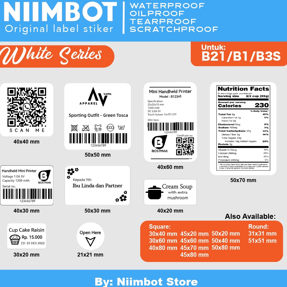 

KODE HH9WK Plain White Thermal Label Printer Sticker Niimbot B21 B1 B3S Refill Label Plain White