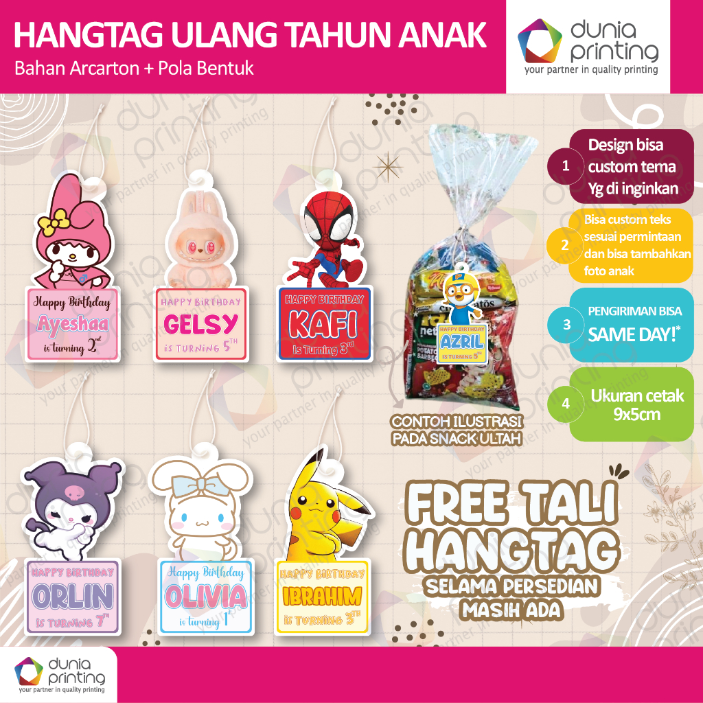 [ISI 20pcs] Hang tag Ulang Tahun Karakter | Hang tag Custom Ulang Tahun | Tag Hampers Ulang Tahun An