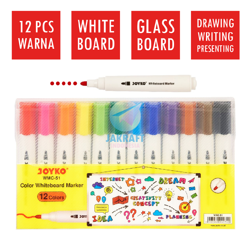 

(12 Pcs) Set Spidol Papan Tulis Segala Jenis 12 Warna JOYKO WMC-51 Whiteboard Glassboard Marker