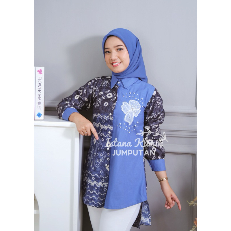 TUNIK JUMPUTAN PALEMBANG LILY BLUS ATASAN JUMPUTAN KOMBINASI BY ISTANA KLASIK BATIK KERJA BATIK PALE