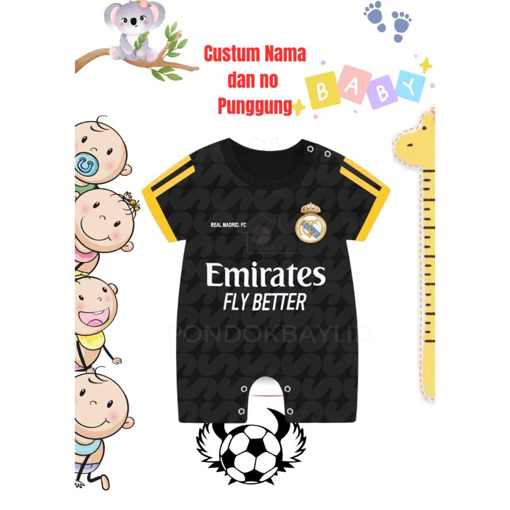 ROMPER Bayi Real Madrid EMIRATES FLY BETTER Jersey Bayi Baju Bayi Bola MADRID HITAM