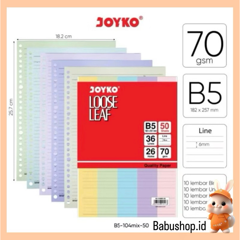 

BBS Refill Kertas Binder / Loose Leaf Warna / Color B5 , 26 Holes isi 50 Lembar Joyko