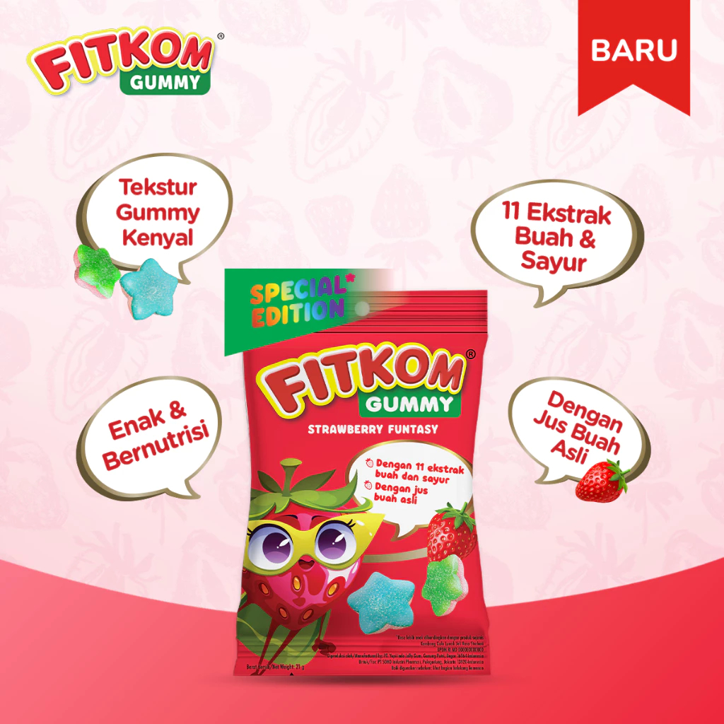 

Fitkom Gummy Special Edition Rasa Strawberry 1 sachet isi 7 pcs