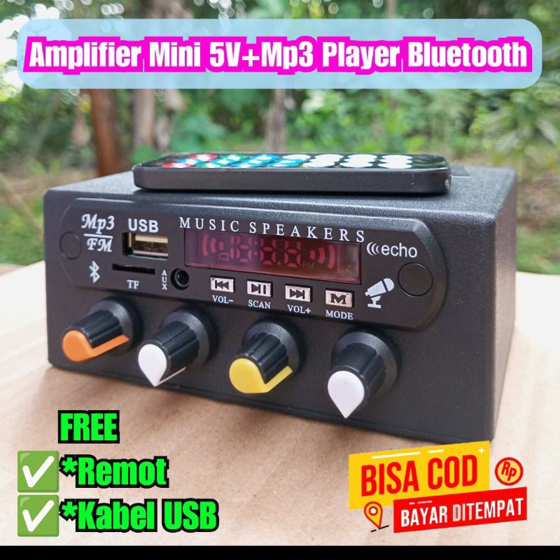 Amplifier Mini USB 5V Daya Cas HP/POWER BANK+Mp3 Player Bluetooth