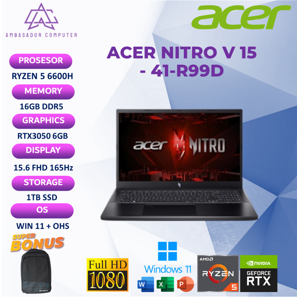 ACER NITRO V 15 RYZEN 5 6600H RTX3050 6GB 16GB 1TB SSD Windows 11 OHS 15.6 Full HD 165Hz